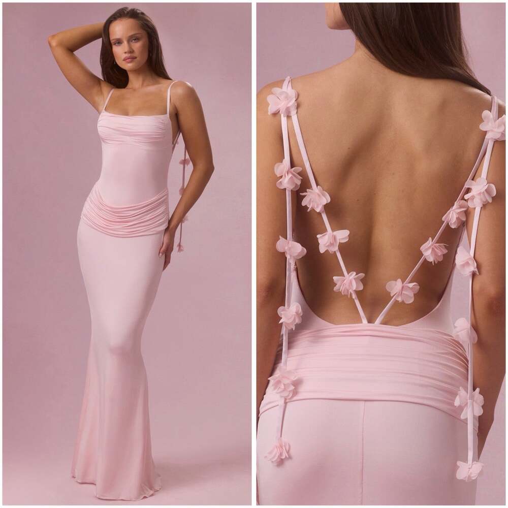 Oh Polly Alora Blush Pink Floral Rosette Back Jersey Maxi Gown XS